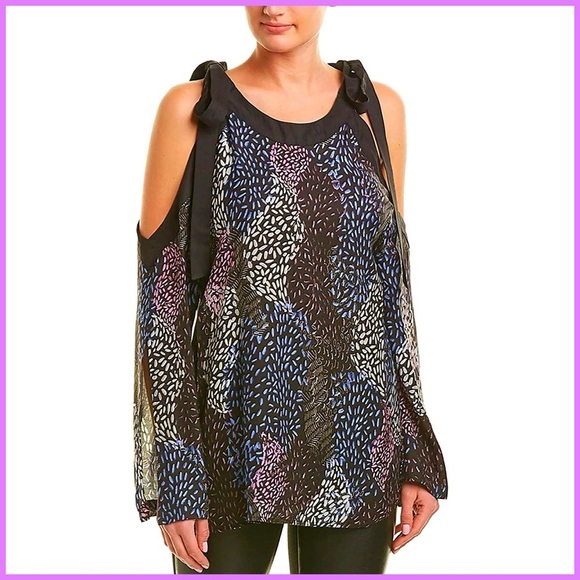 BCBGMaxAzria Black Blue Multi Print Cold Shoulder Top - Picture 1 of 14